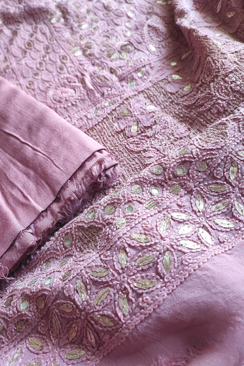 Blush Pink Georgette Lucknowi Kurta Suit Material with Gotta Patti Work & Embroidery, Dupatta and Cotton Bottom