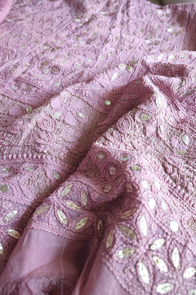 Blush Pink Georgette Lucknowi Kurta Suit Material with Gotta Patti Work & Embroidery, Dupatta and Cotton Bottom