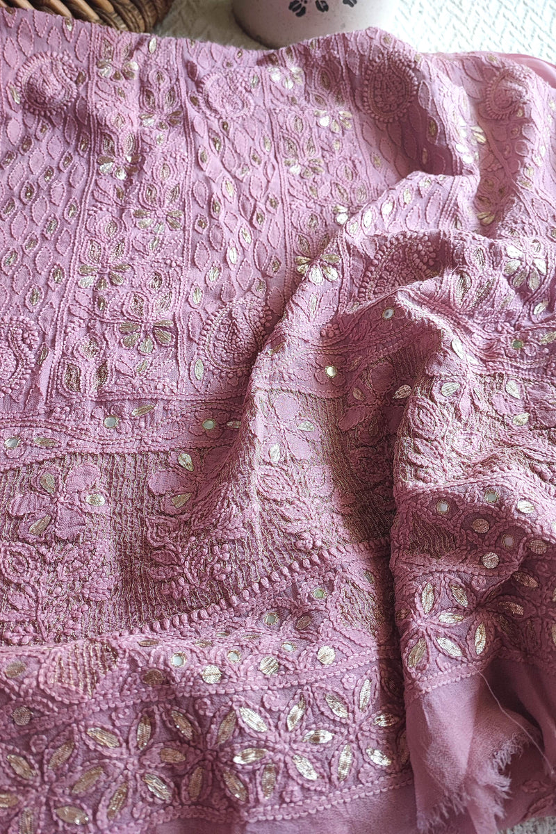 Blush Pink Georgette Lucknowi Kurta Suit Material with Gotta Patti Work & Embroidery, Dupatta and Cotton Bottom