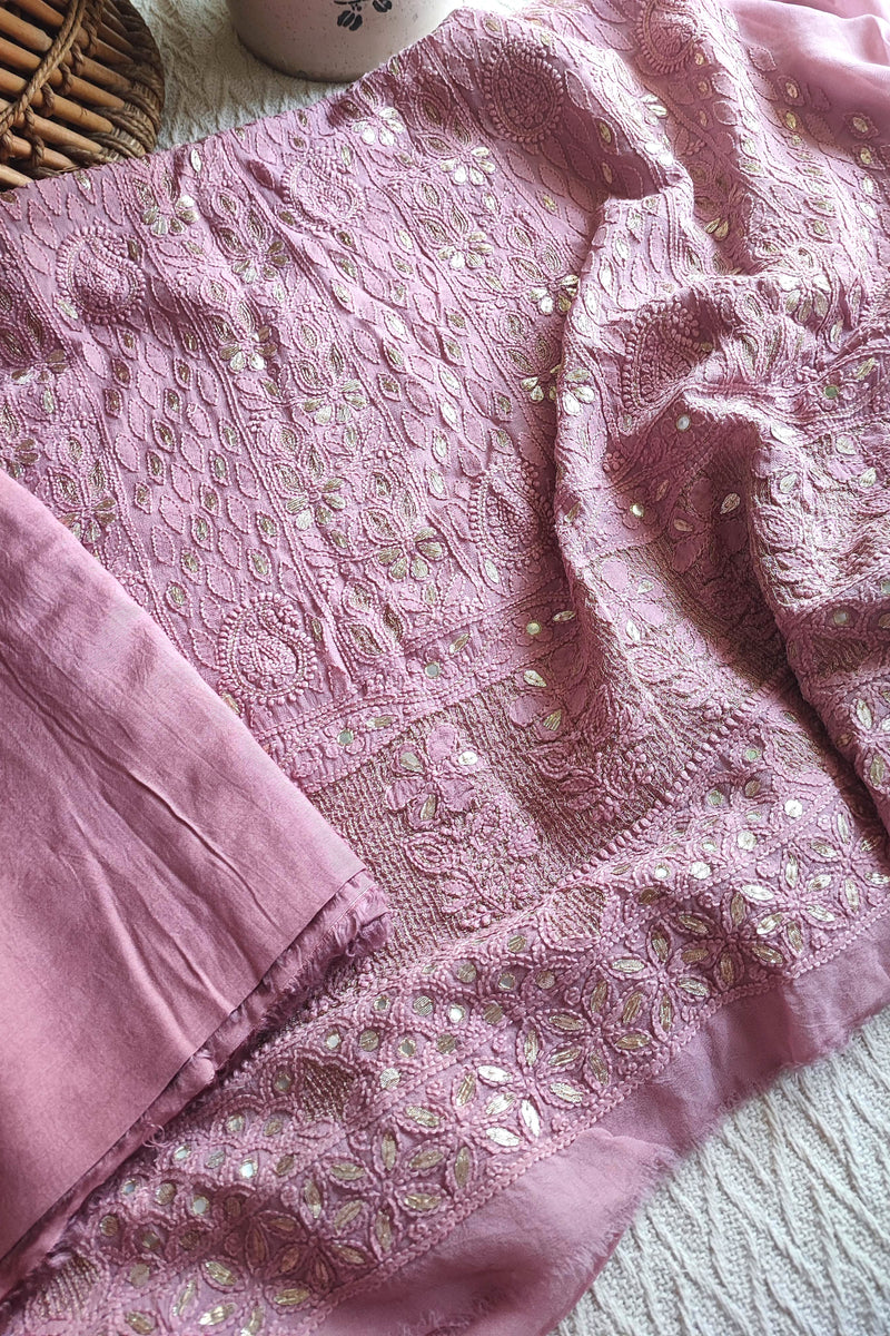 Blush Pink Georgette Lucknowi Kurta Suit Material with Gotta Patti Work & Embroidery, Dupatta and Cotton Bottom