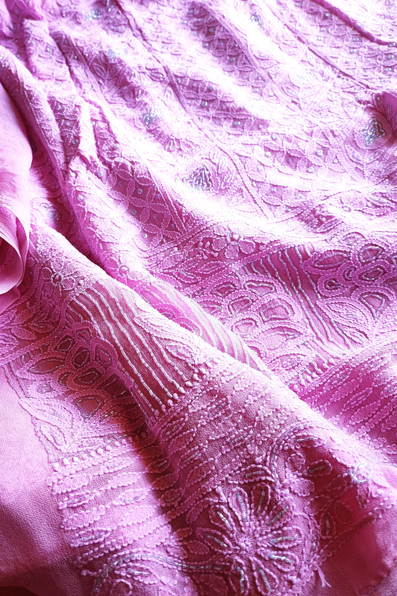Pink Georgette Lucknowi Kurta Suit Material with Cutdana Work & Intricate Embroidery, Dupatta and Cotton Bottom