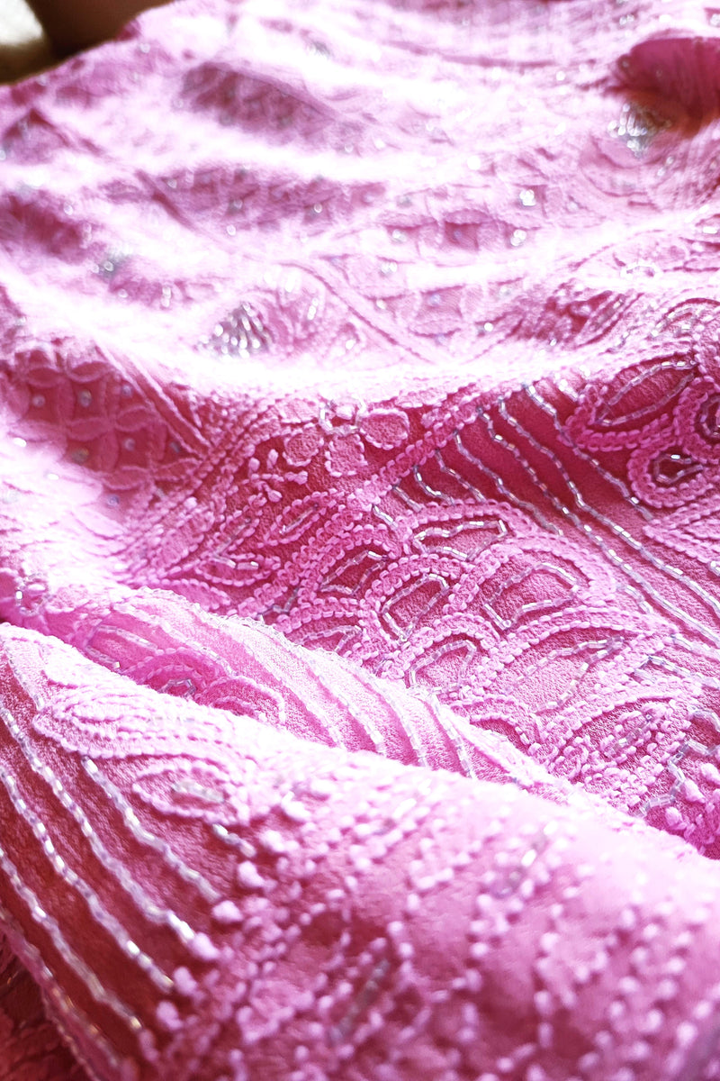 Pink Georgette Lucknowi Kurta Suit Material with Cutdana Work & Intricate Embroidery, Dupatta and Cotton Bottom