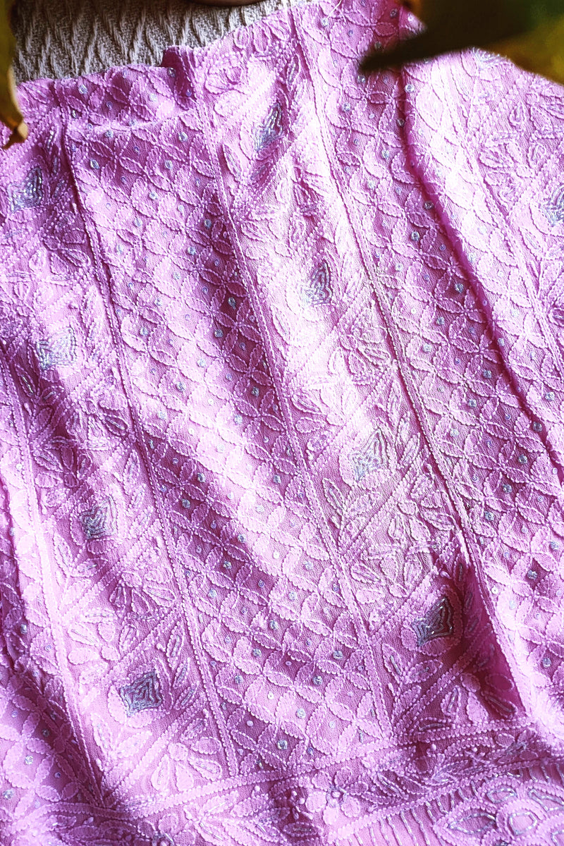 Pink Georgette Lucknowi Kurta Suit Material with Cutdana Work & Intricate Embroidery, Dupatta and Cotton Bottom