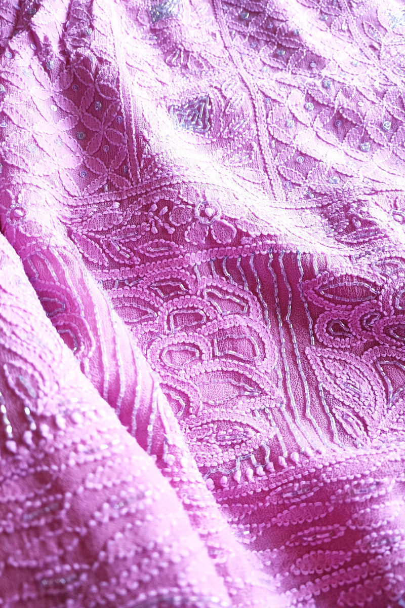 Pink Georgette Lucknowi Kurta Suit Material with Cutdana Work & Intricate Embroidery, Dupatta and Cotton Bottom