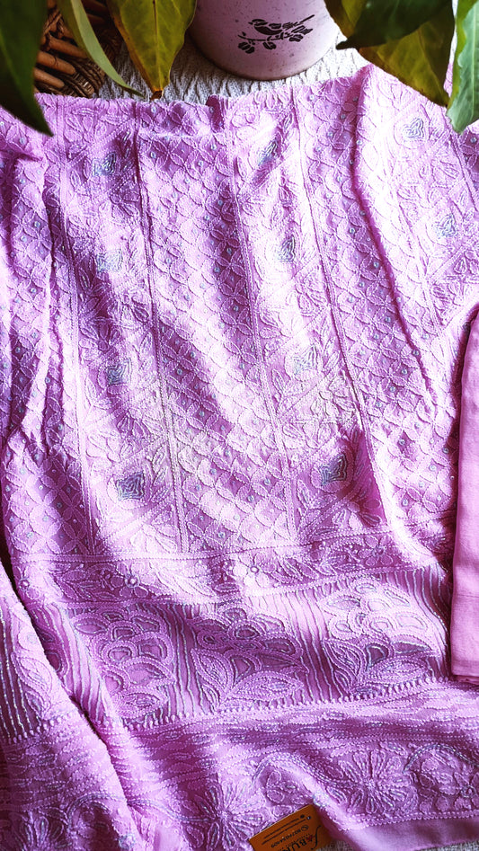 Pink Georgette Lucknowi Kurta Suit Material with Cutdana Work & Intricate Embroidery, Dupatta and Cotton Bottom