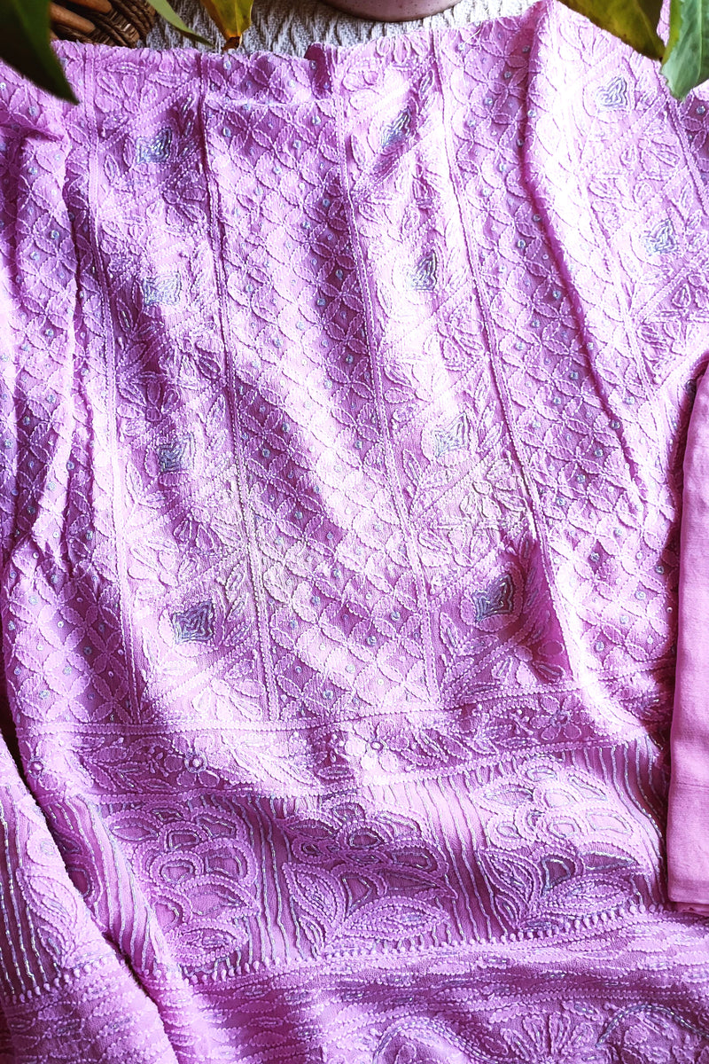 Pink Georgette Lucknowi Kurta Suit Material with Cutdana Work & Intricate Embroidery, Dupatta and Cotton Bottom