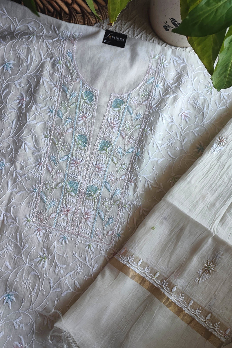 Mul Chanderi Silk Lucknowi Kurta Suit Material with Cutdana Work & Multicolor Embroidery, Dupatta and Cotton Bottom