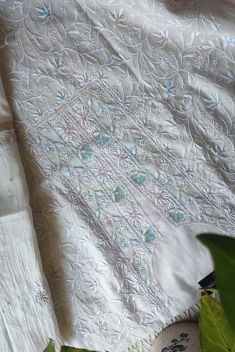 Mul Chanderi Silk Lucknowi Kurta Suit Material with Cutdana Work & Multicolor Embroidery, Dupatta and Cotton Bottom