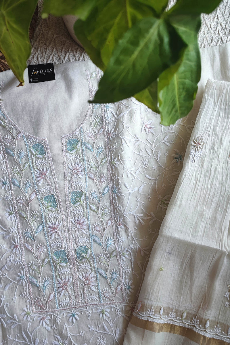 Mul Chanderi Silk Lucknowi Kurta Suit Material with Cutdana Work & Multicolor Embroidery, Dupatta and Cotton Bottom