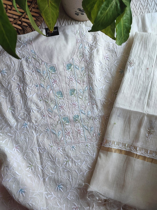 Mul Chanderi Silk Lucknowi Kurta Suit Material with Cutdana Work & Multicolor Embroidery, Dupatta and Cotton Bottom
