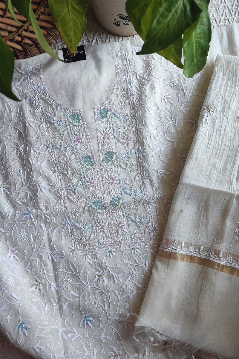Mul Chanderi Silk Lucknowi Kurta Suit Material with Cutdana Work & Multicolor Embroidery, Dupatta and Cotton Bottom