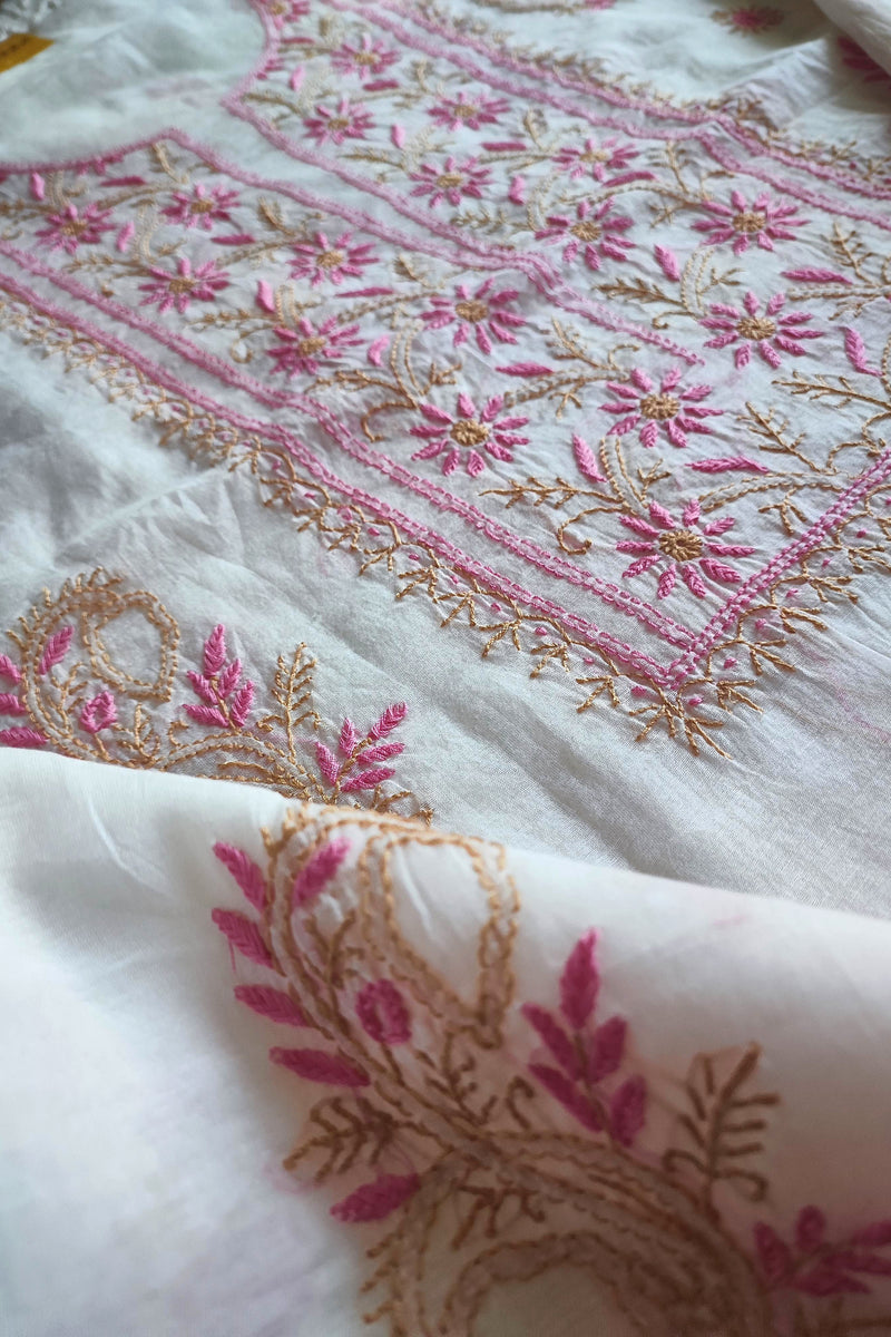 Mul Chanderi Silk Lucknowi Kurta Suit Material with Pink Hand Embroidery, Dupatta and Cotton Bottom