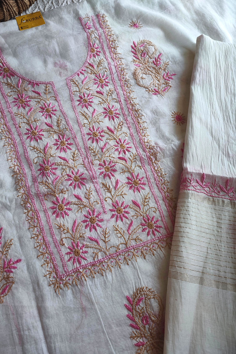 Mul Chanderi Silk Lucknowi Kurta Suit Material with Pink Hand Embroidery, Dupatta and Cotton Bottom