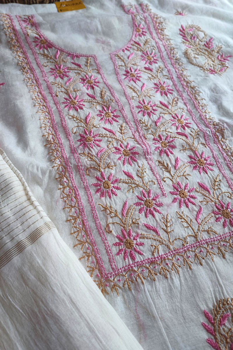 Mul Chanderi Silk Lucknowi Kurta Suit Material with Pink Hand Embroidery, Dupatta and Cotton Bottom
