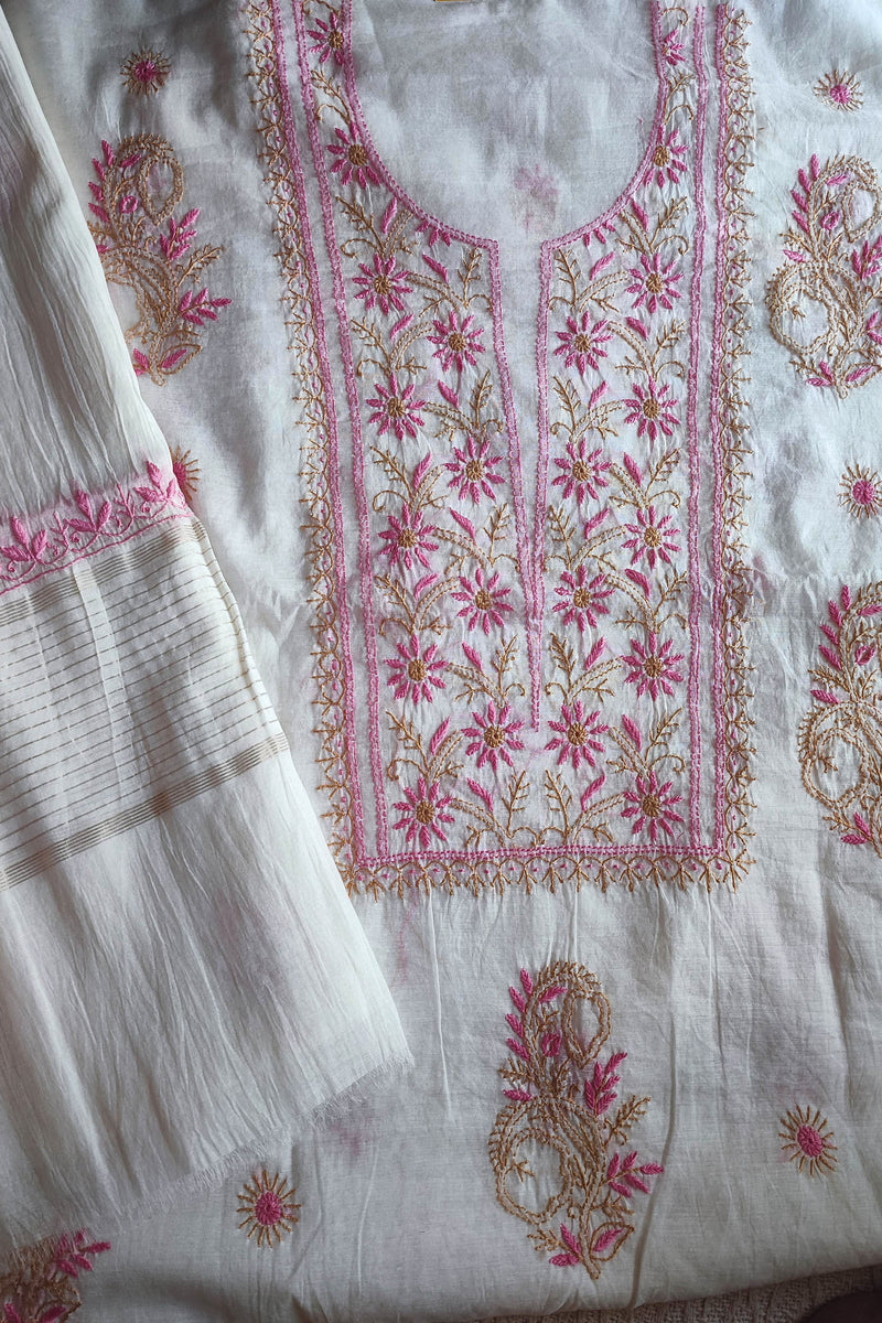 Mul Chanderi Silk Lucknowi Kurta Suit Material with Pink Hand Embroidery, Dupatta and Cotton Bottom