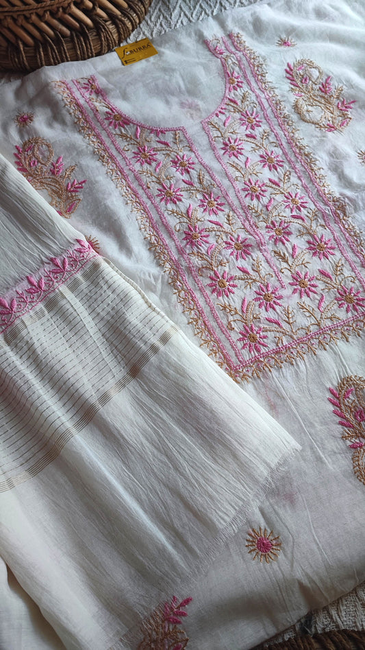 Mul Chanderi Silk Lucknowi Kurta Suit Material with Pink Hand Embroidery, Dupatta and Cotton Bottom