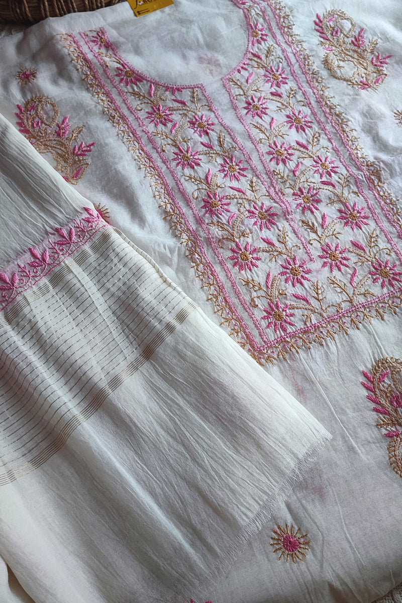 Mul Chanderi Silk Lucknowi Kurta Suit Material with Pink Hand Embroidery, Dupatta and Cotton Bottom