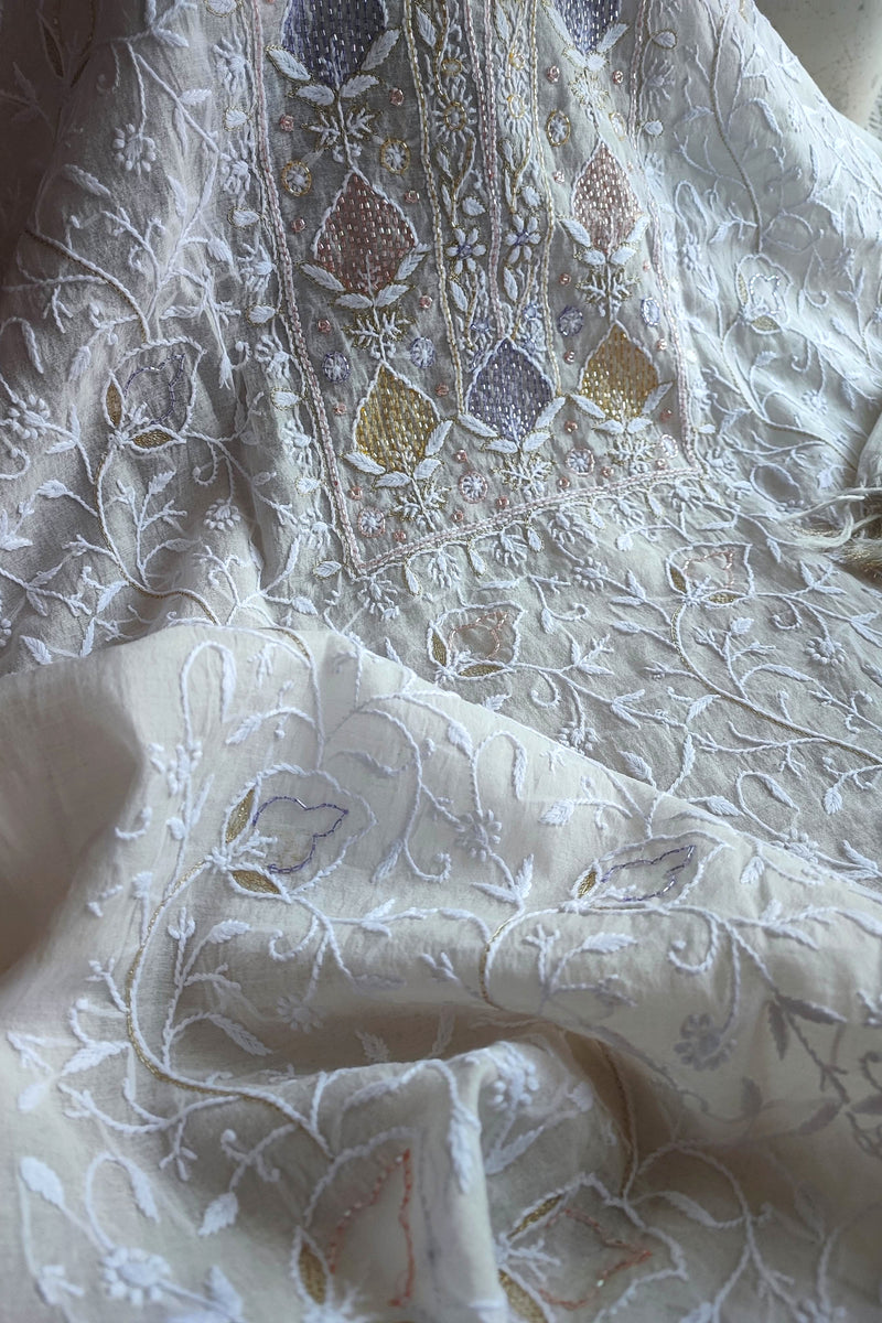 Mul Chanderi Silk Lucknowi Kurta Suit Material with Multicolor Cutdana Work & Intricate Embroidery, Dupatta and Cotton Bottom
