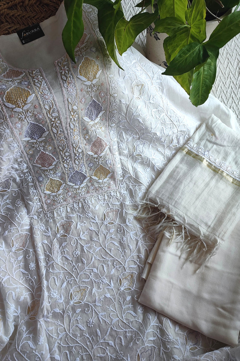 Mul Chanderi Silk Lucknowi Kurta Suit Material with Multicolor Cutdana Work & Intricate Embroidery, Dupatta and Cotton Bottom