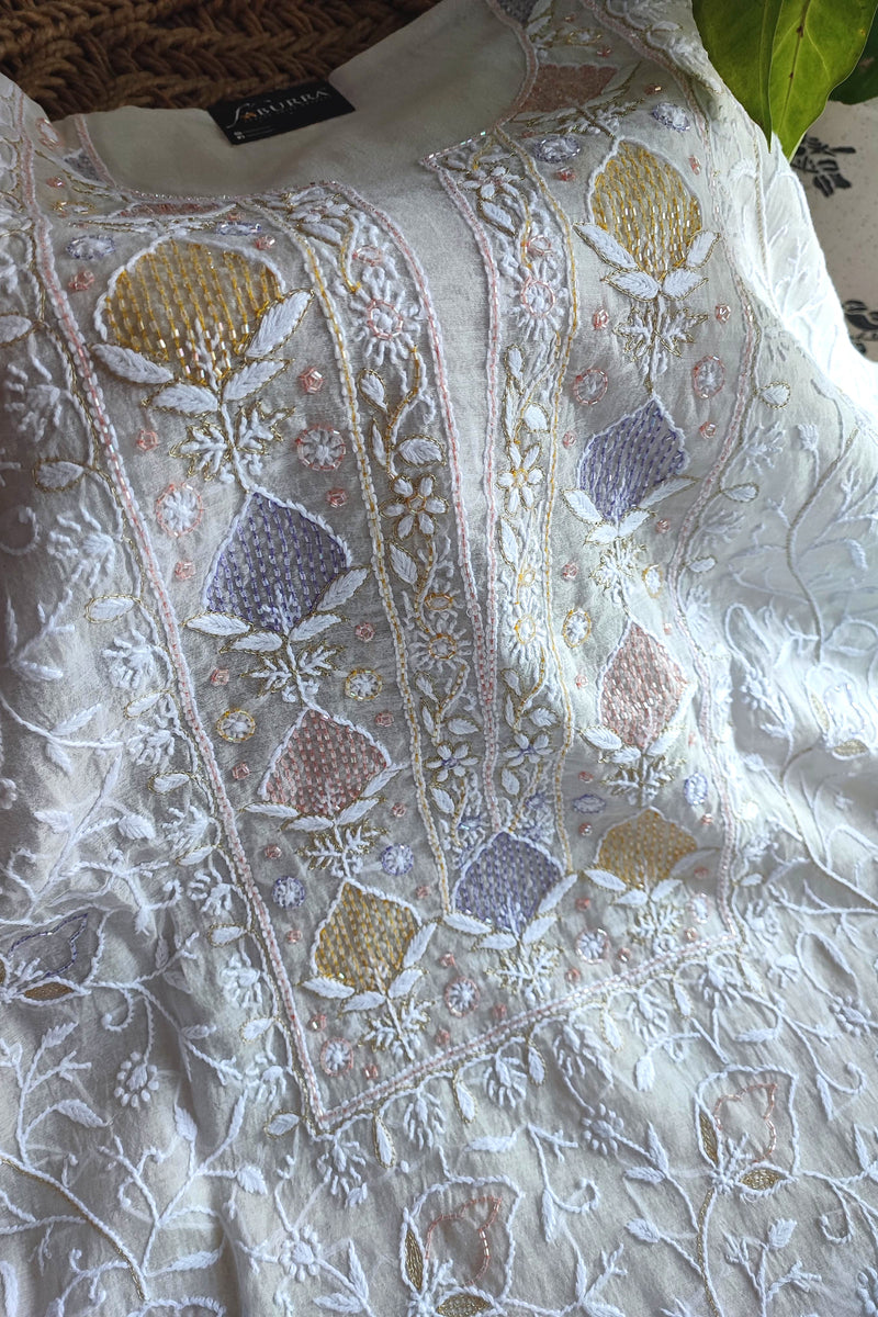 Mul Chanderi Silk Lucknowi Kurta Suit Material with Multicolor Cutdana Work & Intricate Embroidery, Dupatta and Cotton Bottom