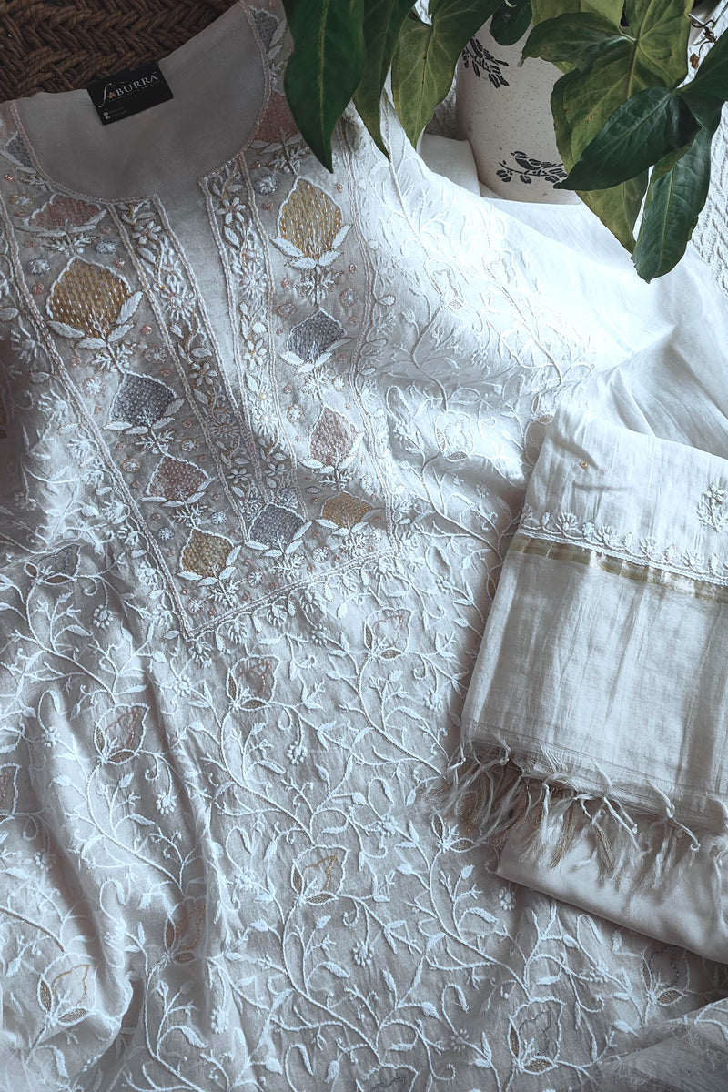 Mul Chanderi Silk Lucknowi Kurta Suit Material with Multicolor Cutdana Work & Intricate Embroidery, Dupatta and Cotton Bottom