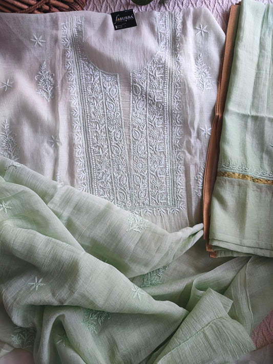 Mul Chanderi Silk Lucknowi Kurta Suit Material with Pearl Work & Mint Green Ombre Dupatta with Cotton Bottom