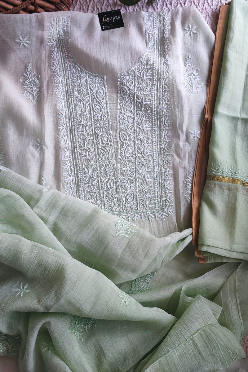 Mul Chanderi Silk Lucknowi Kurta Suit Material with Pearl Work & Mint Green Ombre Dupatta with Cotton Bottom