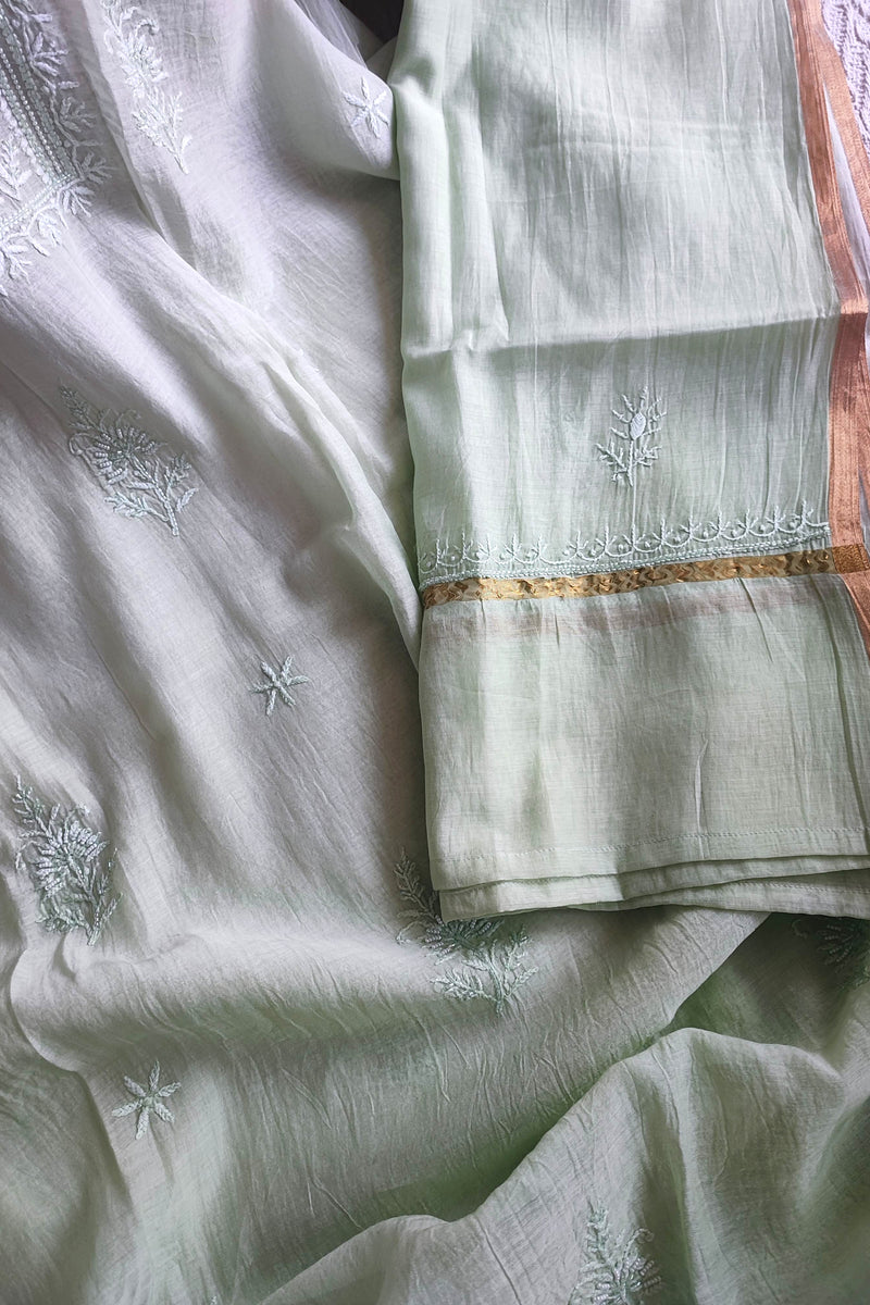 Mul Chanderi Silk Lucknowi Kurta Suit Material with Pearl Work & Mint Green Ombre Dupatta with Cotton Bottom