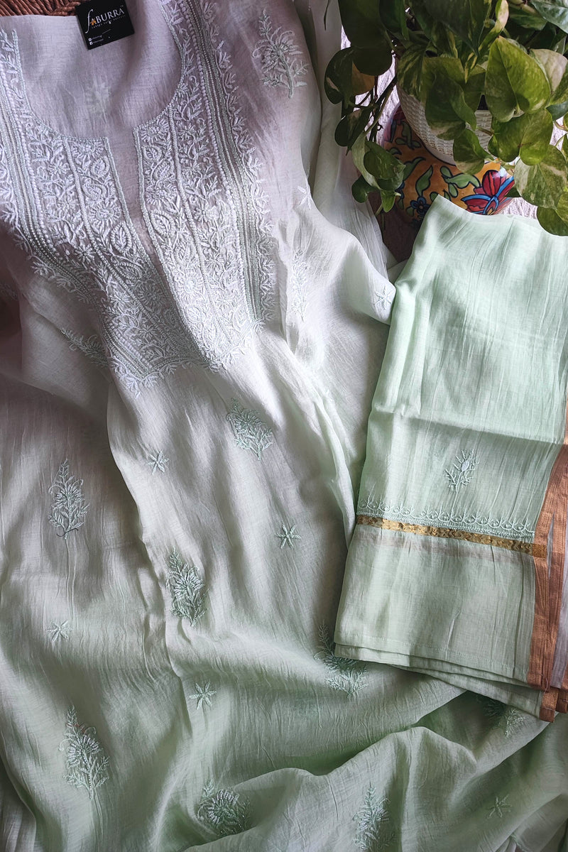 Mul Chanderi Silk Lucknowi Kurta Suit Material with Pearl Work & Mint Green Ombre Dupatta with Cotton Bottom