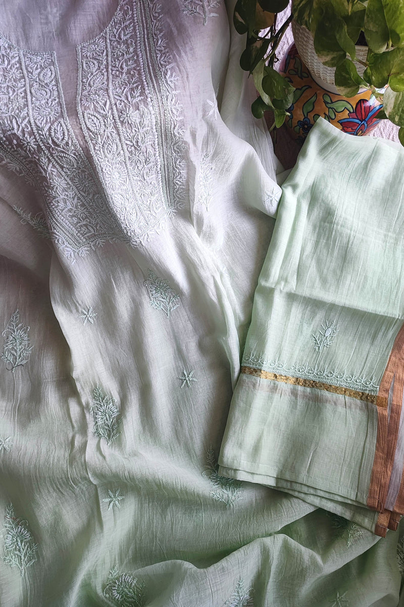 Mul Chanderi Silk Lucknowi Kurta Suit Material with Pearl Work & Mint Green Ombre Dupatta with Cotton Bottom