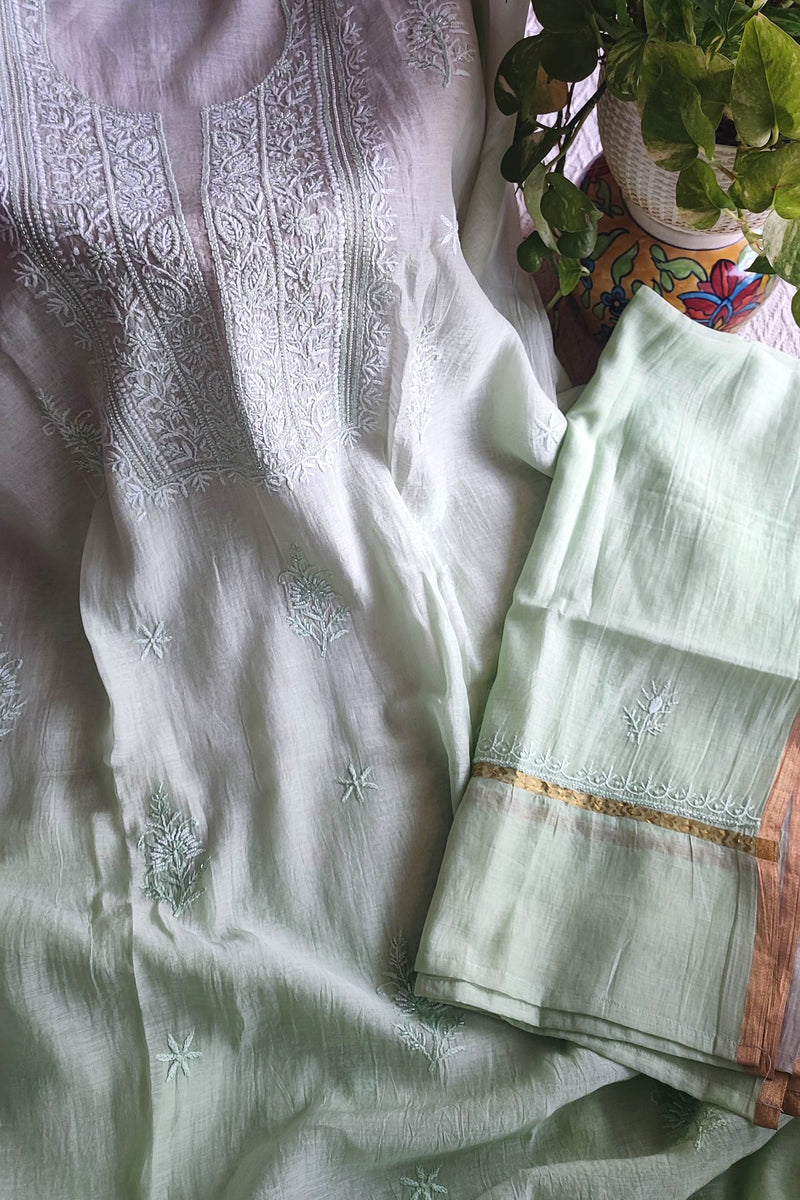 Mul Chanderi Silk Lucknowi Kurta Suit Material with Pearl Work & Mint Green Ombre Dupatta with Cotton Bottom