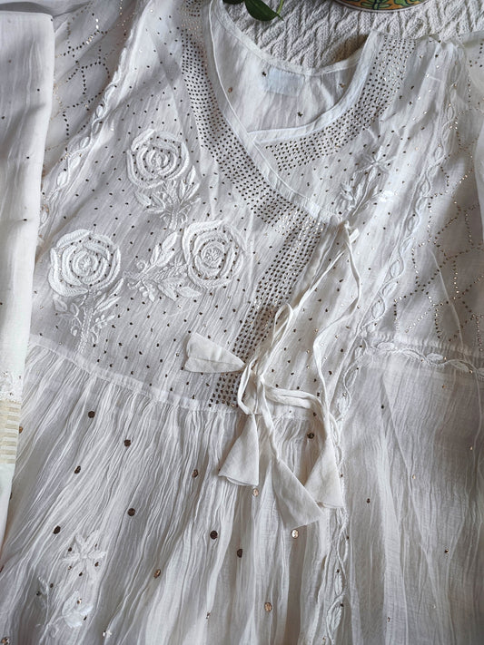 White Mul Chanderi Silk Lucknowi Kurta Suit Material with Mukesh Work Dupatta & Cotton Bottom