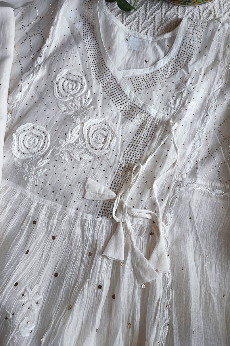 White Mul Chanderi Silk Lucknowi Kurta Suit Material with Mukesh Work Dupatta & Cotton Bottom