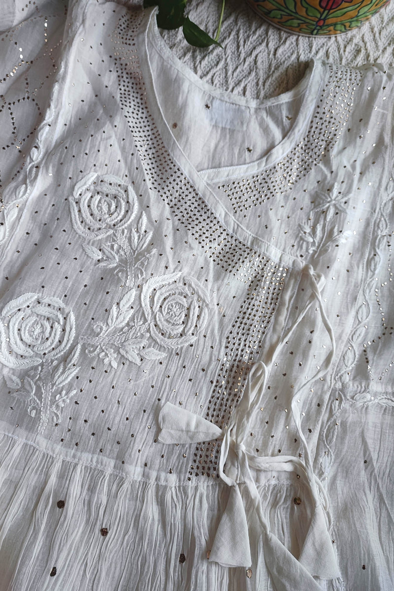 White Mul Chanderi Silk Lucknowi Kurta Suit Material with Mukesh Work Dupatta & Cotton Bottom