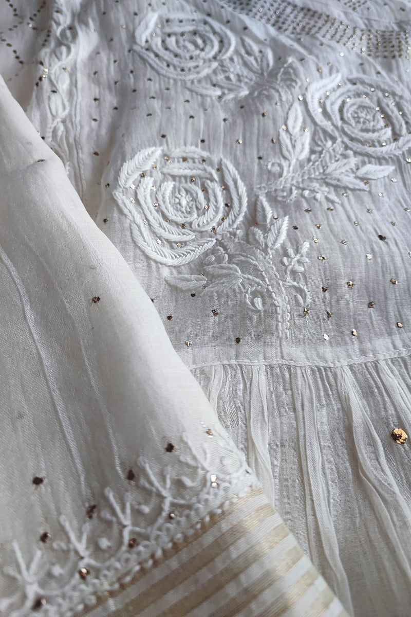 White Mul Chanderi Silk Lucknowi Kurta Suit Material with Mukesh Work Dupatta & Cotton Bottom