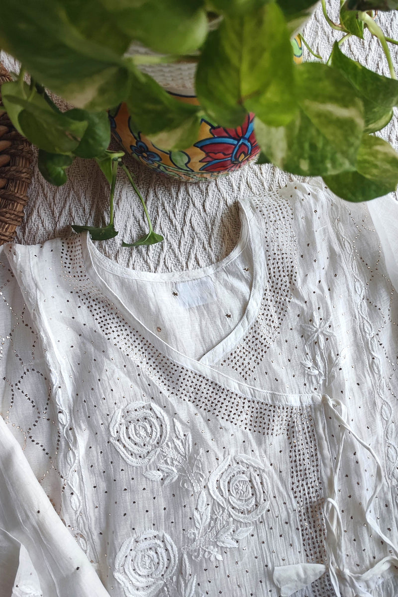 White Mul Chanderi Silk Lucknowi Kurta Suit Material with Mukesh Work Dupatta & Cotton Bottom