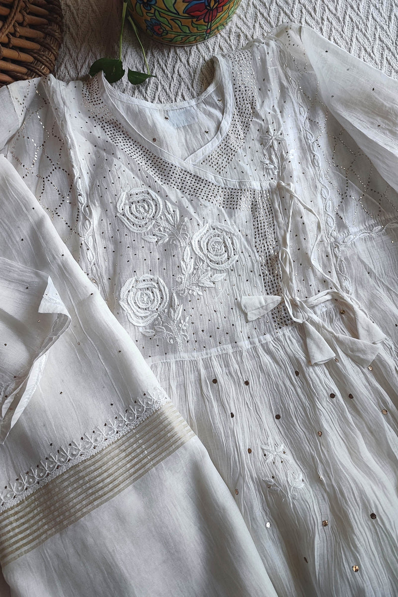 White Mul Chanderi Silk Lucknowi Kurta Suit Material with Mukesh Work Dupatta & Cotton Bottom