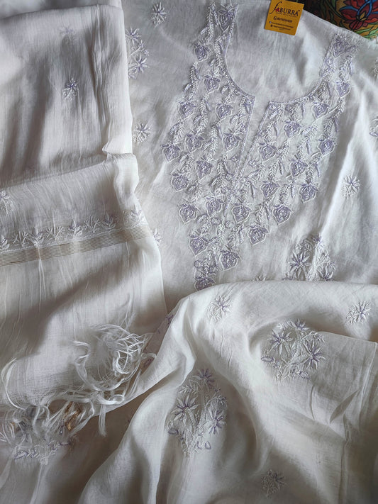 Mul Chanderi Silk Lucknowi Kurta Suit Material with Lavender Cutdana Work & Embroidery, Dupatta and Cotton Bottom