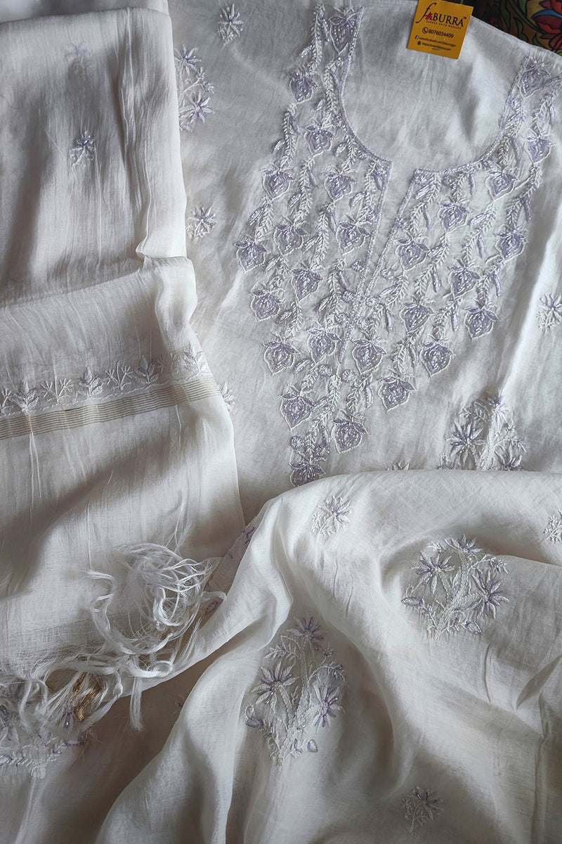 Mul Chanderi Silk Lucknowi Kurta Suit Material with Lavender Cutdana Work & Embroidery, Dupatta and Cotton Bottom