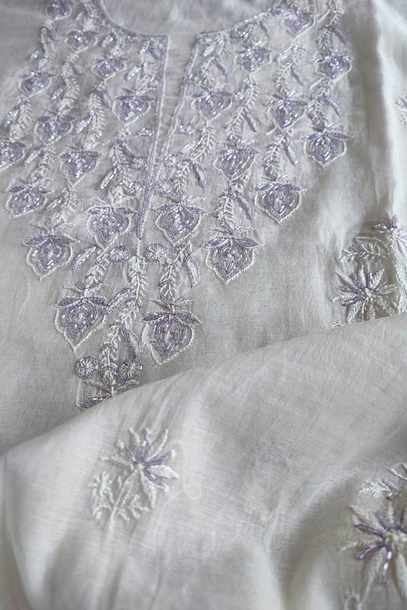 Mul Chanderi Silk Lucknowi Kurta Suit Material with Lavender Cutdana Work & Embroidery, Dupatta and Cotton Bottom
