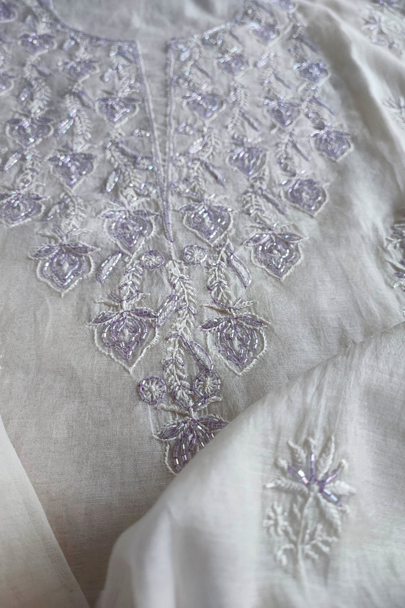 Mul Chanderi Silk Lucknowi Kurta Suit Material with Lavender Cutdana Work & Embroidery, Dupatta and Cotton Bottom