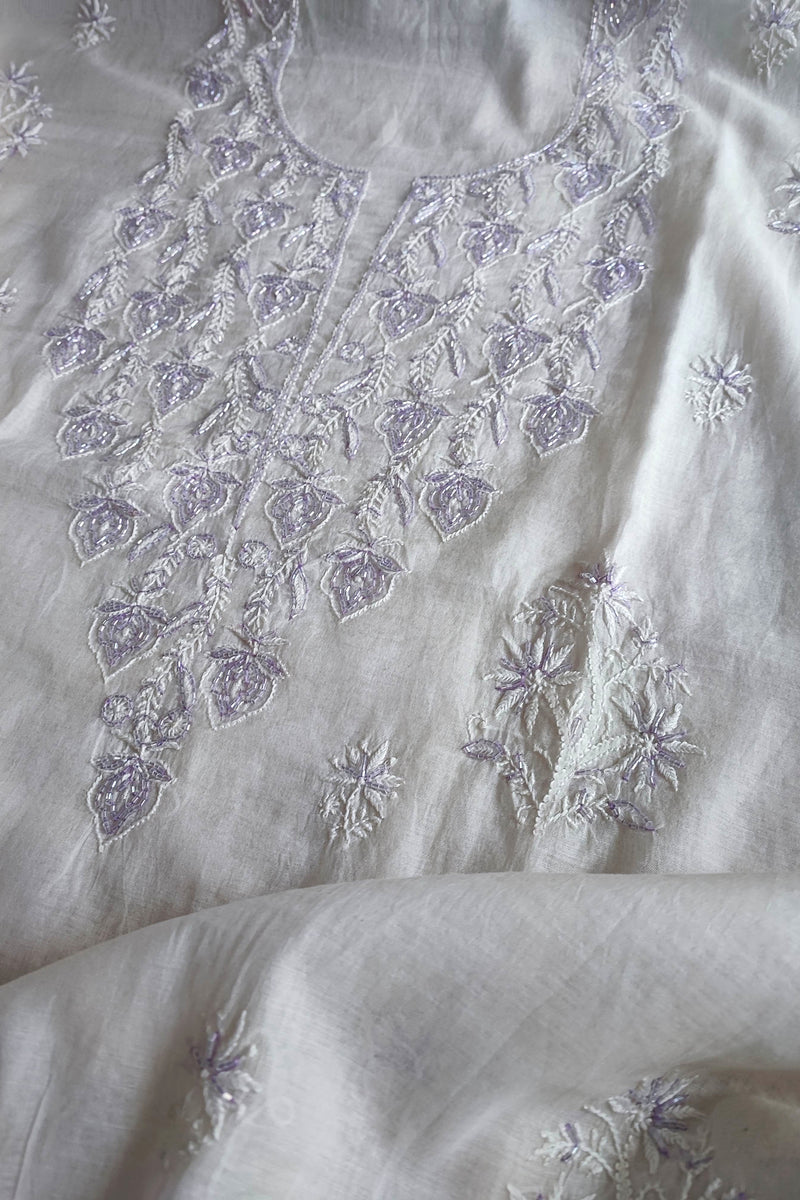 Mul Chanderi Silk Lucknowi Kurta Suit Material with Lavender Cutdana Work & Embroidery, Dupatta and Cotton Bottom