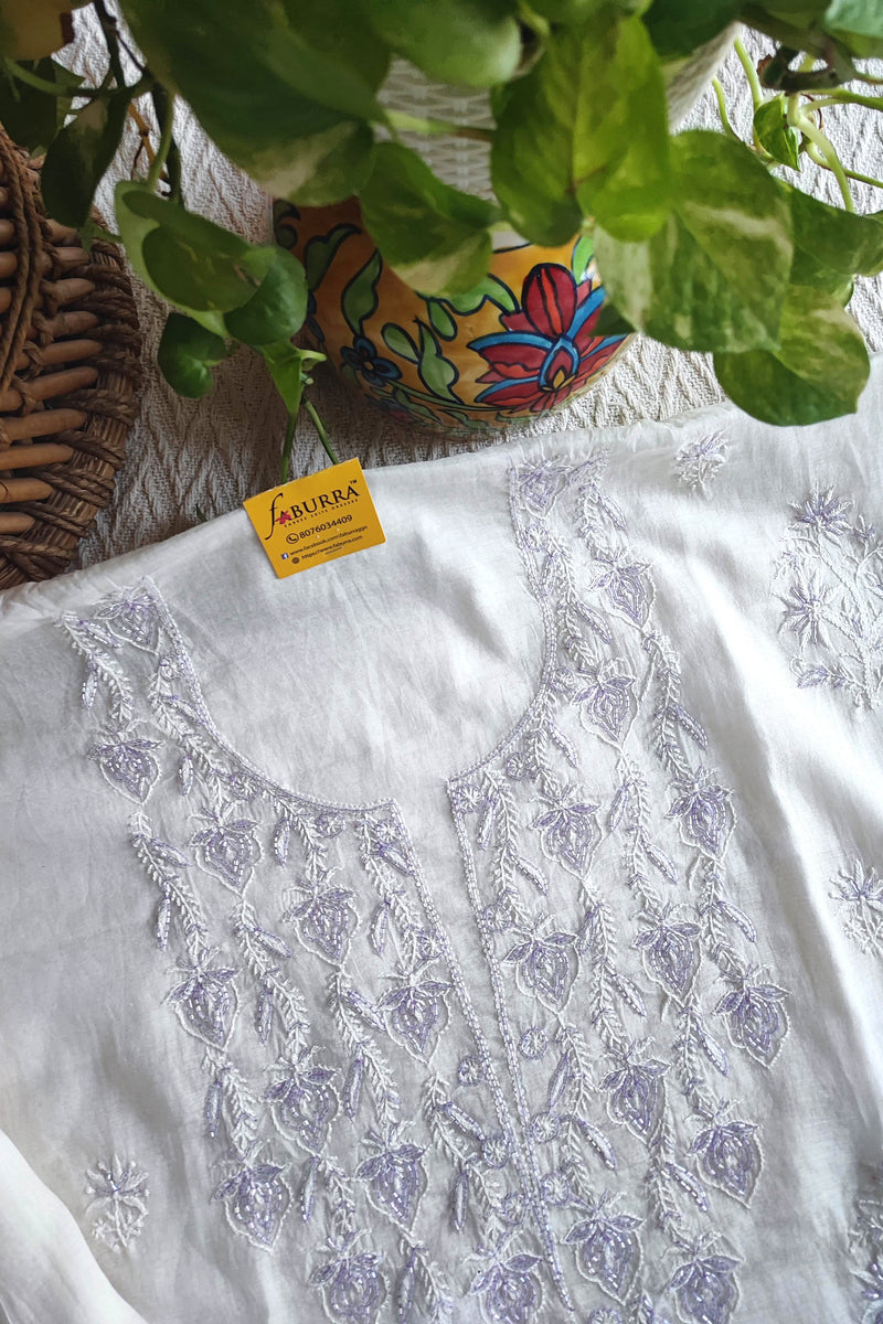Mul Chanderi Silk Lucknowi Kurta Suit Material with Lavender Cutdana Work & Embroidery, Dupatta and Cotton Bottom