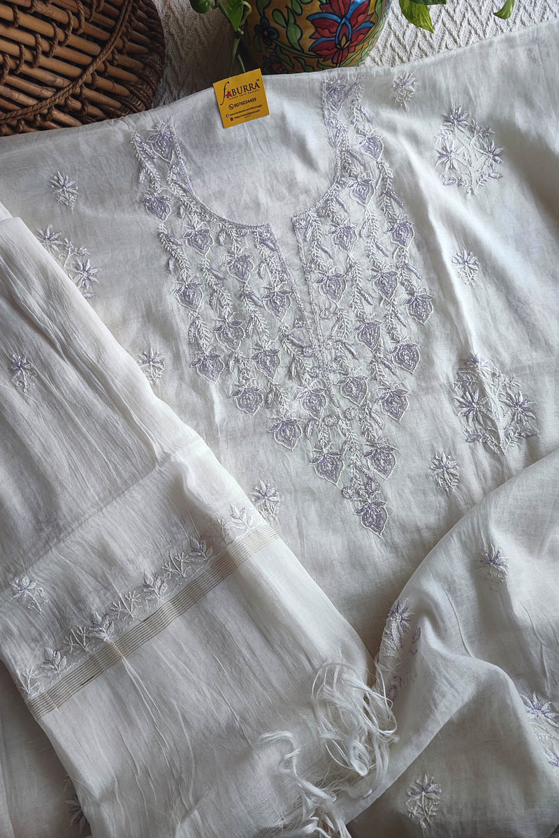 Mul Chanderi Silk Lucknowi Kurta Suit Material with Lavender Cutdana Work & Embroidery, Dupatta and Cotton Bottom