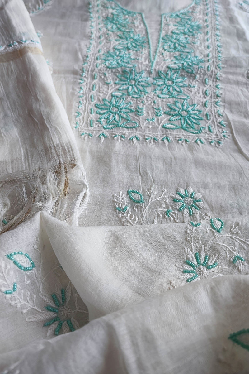 Mul Chanderi Silk Lucknowi Kurta Suit Material with Green Ombre Shade, Pearl Work & Hand Embroidery with Dupatta and Cotton Bottom