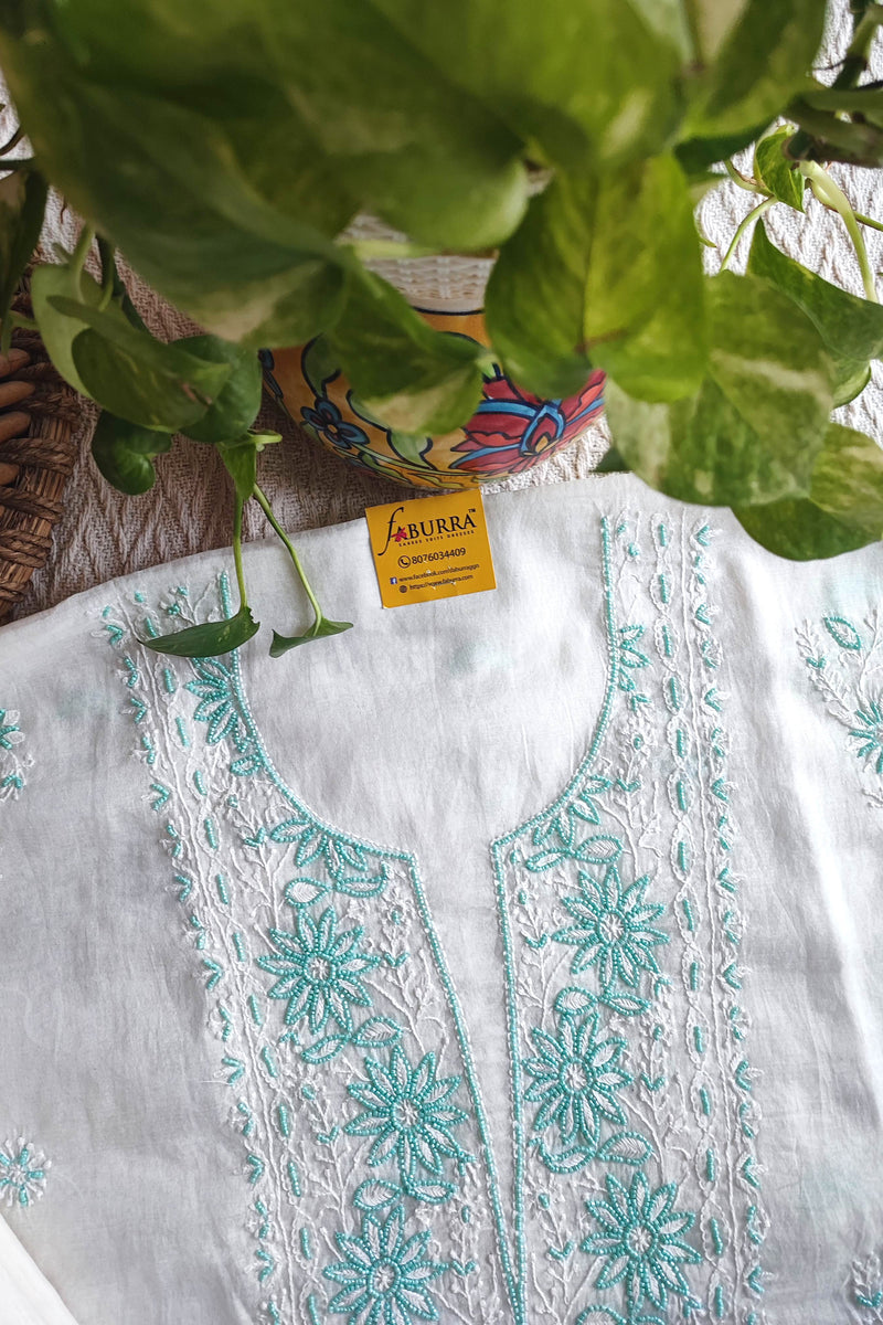 Mul Chanderi Silk Lucknowi Kurta Suit Material with Green Ombre Shade, Pearl Work & Hand Embroidery with Dupatta and Cotton Bottom