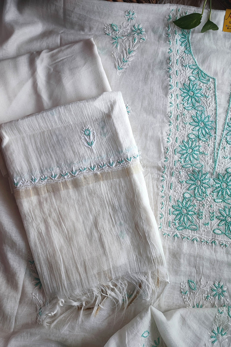 Mul Chanderi Silk Lucknowi Kurta Suit Material with Green Ombre Shade, Pearl Work & Hand Embroidery with Dupatta and Cotton Bottom