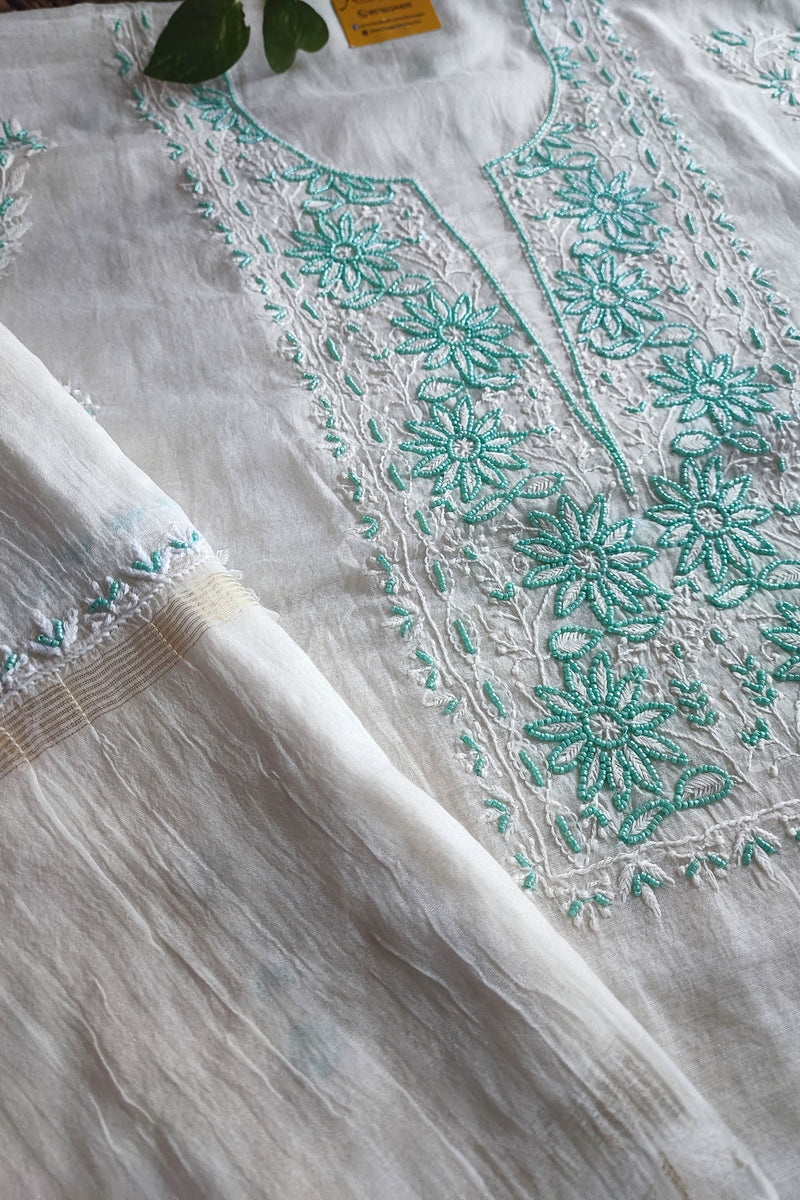 Mul Chanderi Silk Lucknowi Kurta Suit Material with Green Ombre Shade, Pearl Work & Hand Embroidery with Dupatta and Cotton Bottom