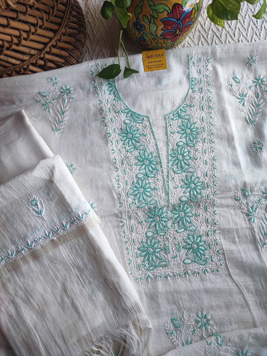 Mul Chanderi Silk Lucknowi Kurta Suit Material with Green Ombre Shade, Pearl Work & Hand Embroidery with Dupatta and Cotton Bottom