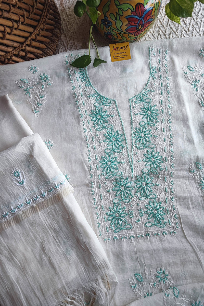 Mul Chanderi Silk Lucknowi Kurta Suit Material with Green Ombre Shade, Pearl Work & Hand Embroidery with Dupatta and Cotton Bottom